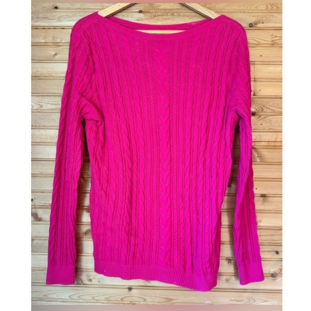 Lands' End Sweater Cable Knit Bright Pink Medium Capsule Preppy Coastal Barbie